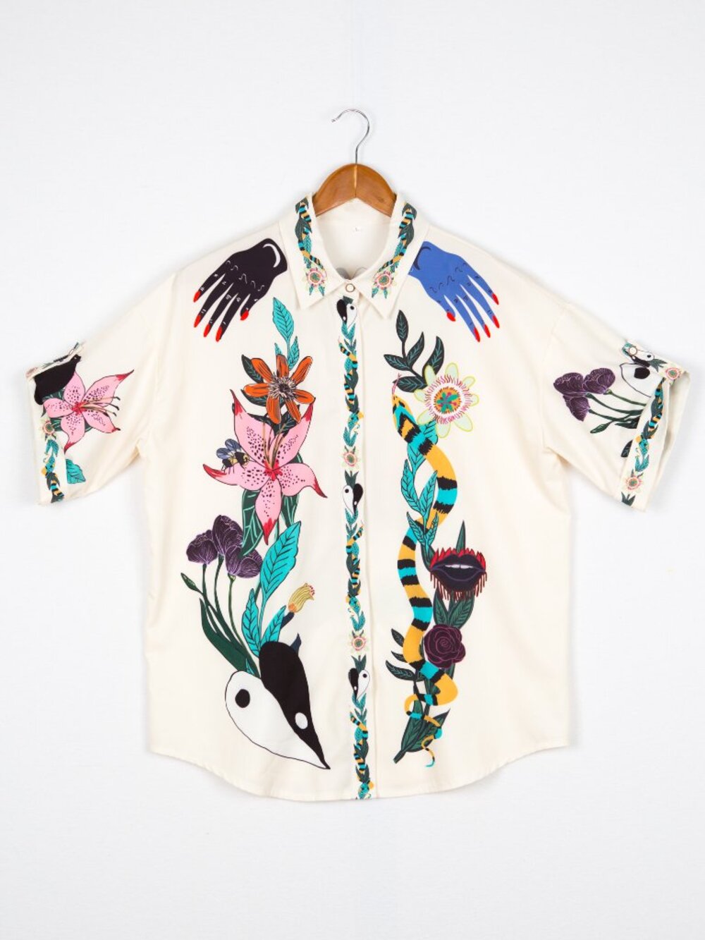 Whimsigoth Mystic Tarot Printed Satin Oversized Blouse Shirt Top L